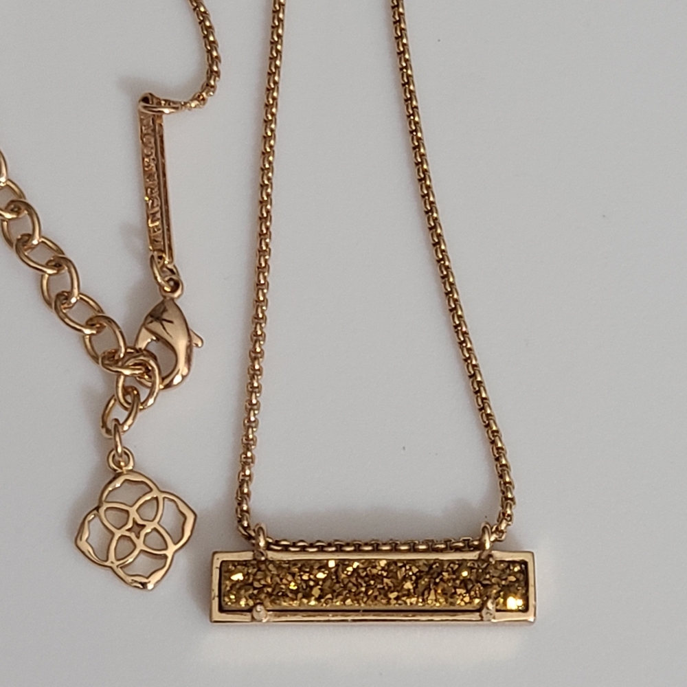 Kendra Scott Leanor Sand Druzy Bar Pendant Rose Gold Necklace K.S. Euc